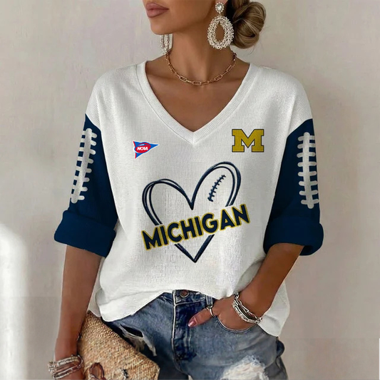 ELITE EDITION - NEW CUSTOMIZED NCAA FBS03 MIW MICHIGAN WOLVERINES WOMEN'S HEART V-NECK LONG SLEEVE SHIRT