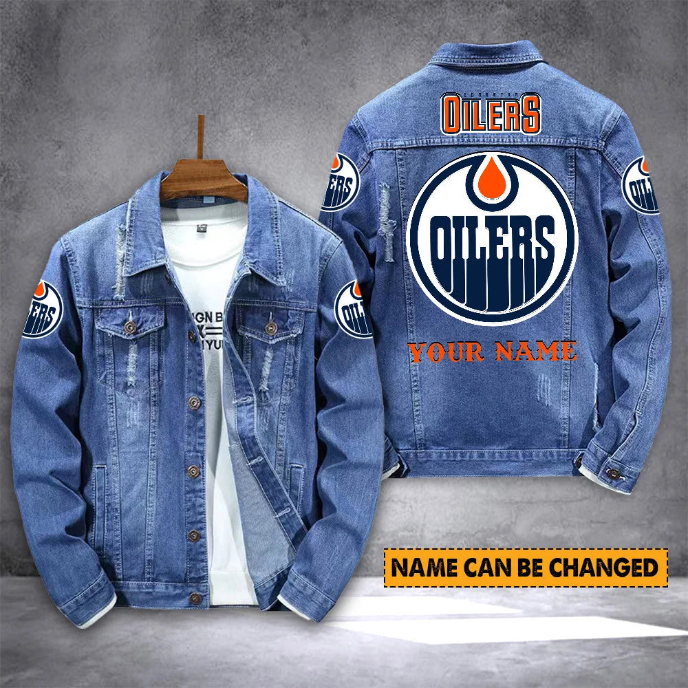 ELITE EDITION - NEW CUSTOMIZED NHL03 EMO EDMONTON OILERS DENIM JACKET