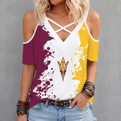 [FAN FAVORITE] NEW CUSTOMIZED NCAA FBS04 ASS ARIZONA STATE SUN DEVILS CRISS CROSS V-NECK TOP