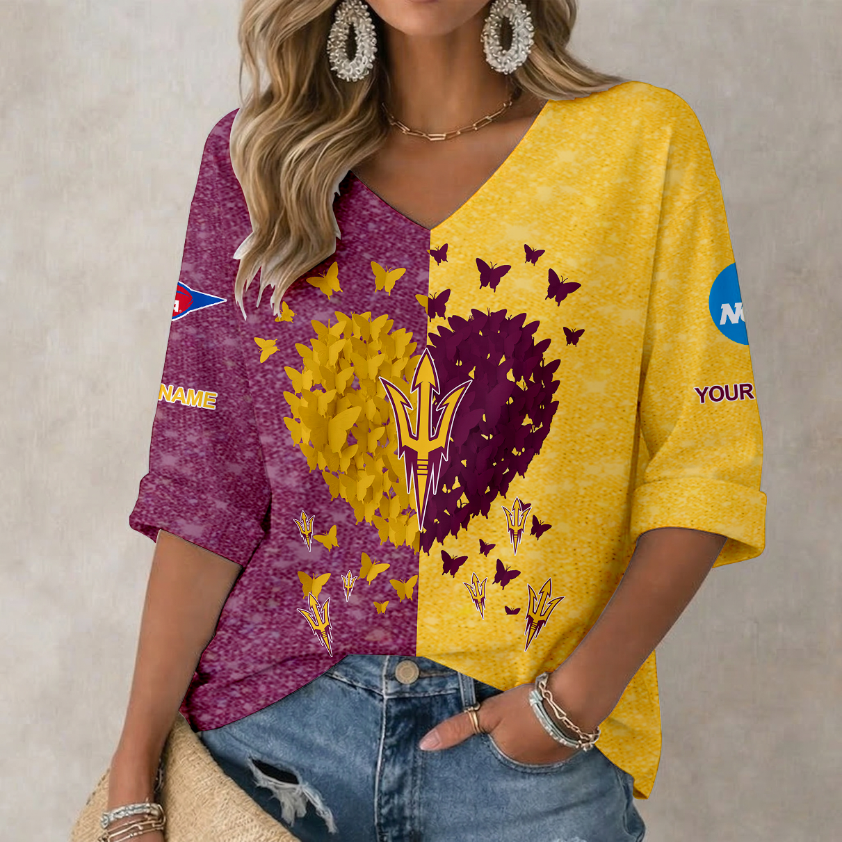 LIMITED EDITION - NEW CUSTOMIZED NCAA FBS04 ASS ARIZONA STATE SUN DEVILS WOMEN'S HEART V-NECK LONG SLEEVE SHIRT