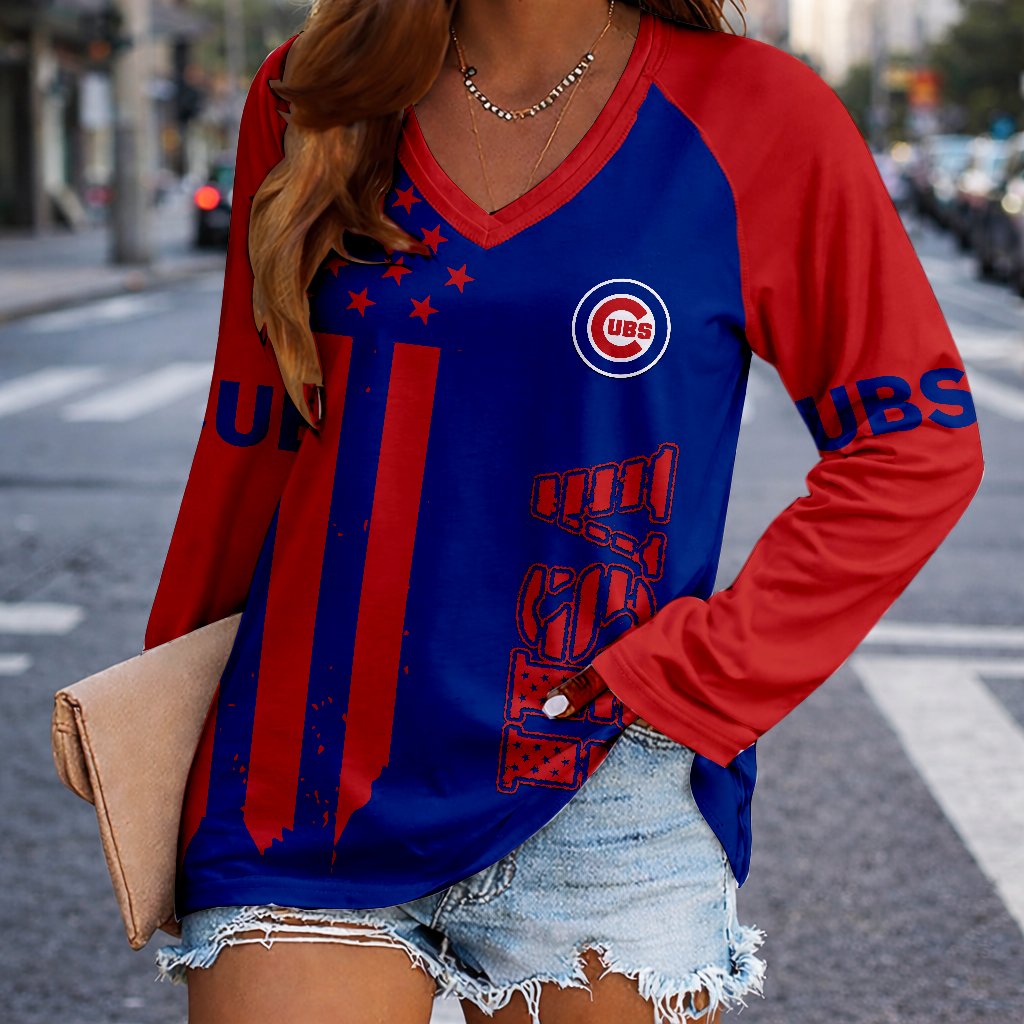 LIMITED EDITION - NEW CUSTOMIZED MLB04 CCS CHICAGO CUBS WOMEN'S V-NECK LONG SLEEVED SHIRT