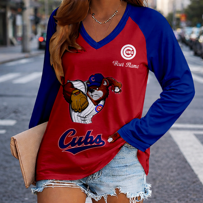 LIMITED EDITION - NEW CUSTOMIZED MLB04 CCS CHICAGO CUBS WOMEN'S V-NECK LONG SLEEVED SHIRT