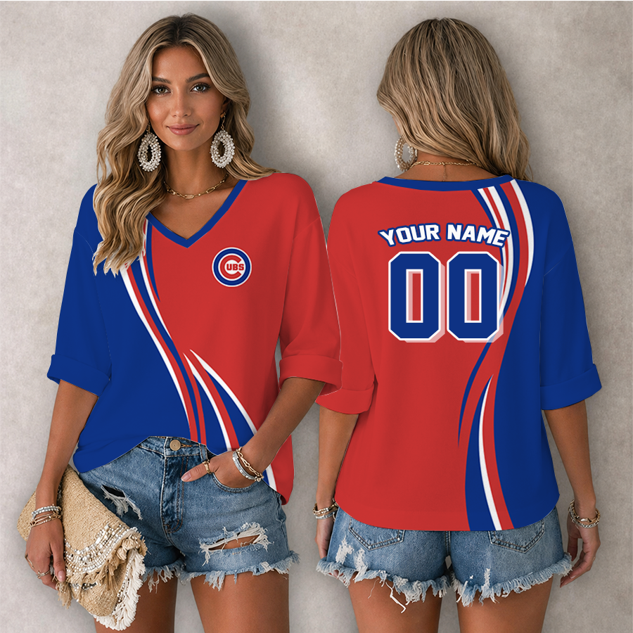 LIMITED EDITION - NEW CUSTOMIZED MLB04 CCS CHICAGO CUBS WOMEN'S HEART V-NECK LONG SLEEVE SHIRT