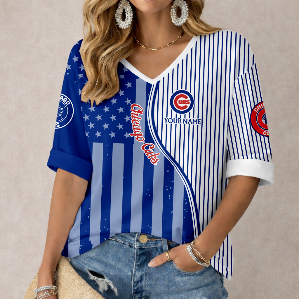ELITE EDITION - NEW CUSTOMIZED MLB04 CCS CHICAGO CUBS WOMEN'S HEART V-NECK LONG SLEEVE SHIRT