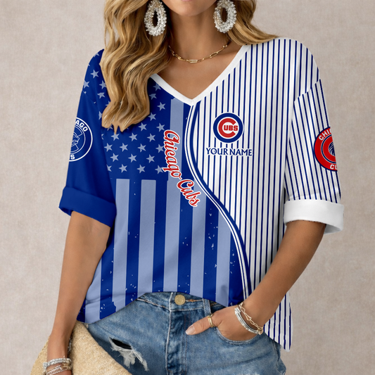 ELITE EDITION - NEW CUSTOMIZED MLB04 CCS CHICAGO CUBS WOMEN'S HEART V-NECK LONG SLEEVE SHIRT