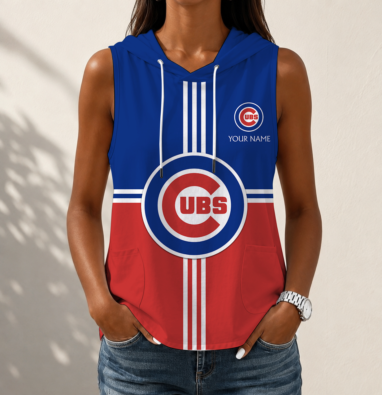LIMITED EDITION - NEW CUSTOMIZED MLB04 CCS CHICAGO CUBS WOMEN'S SLEEVELESS HOODED POCKET TANK TOP