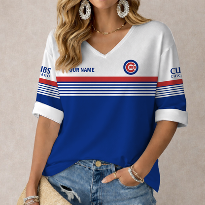 LIMITED EDITION - NEW CUSTOMIZED MLB04 CCS CHICAGO CUBS WOMEN'S HEART V-NECK LONG SLEEVE SHIRT