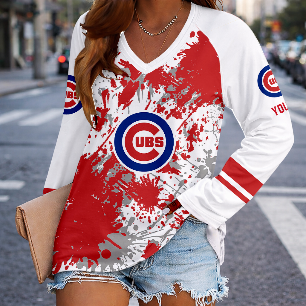 [FLASH SALE] NEW CUSTOMIZED MLB04 CCS CHICAGO CUBS WOMEN'S V-NECK LONG SLEEVED SHIRT