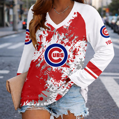 [FLASH SALE] NEW CUSTOMIZED MLB04 CCS CHICAGO CUBS WOMEN'S V-NECK LONG SLEEVED SHIRT