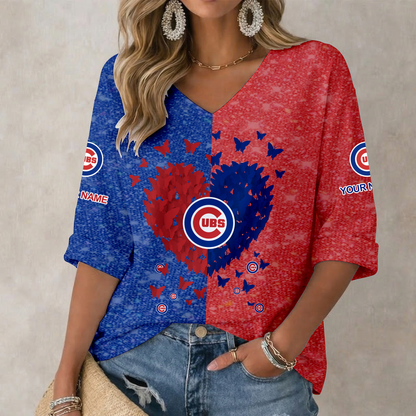 LIMITED EDITION - NEW CUSTOMIZED MLB04 CCS CHICAGO CUBS WOMEN'S HEART V-NECK LONG SLEEVE SHIRT