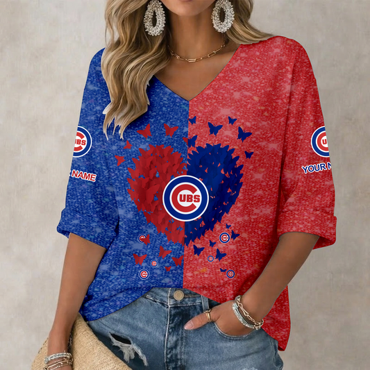 LIMITED EDITION - NEW CUSTOMIZED MLB04 CCS CHICAGO CUBS WOMEN'S HEART V-NECK LONG SLEEVE SHIRT