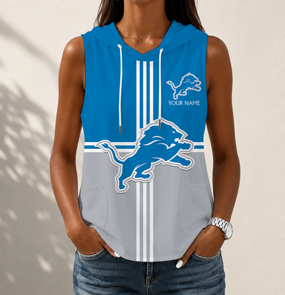 LIMITED EDITION - NEW CUSTOMIZED NFL04 DTL DETROIT LIONS WOMEN'S SLEEVELESS HOODED POCKET TANK TOP