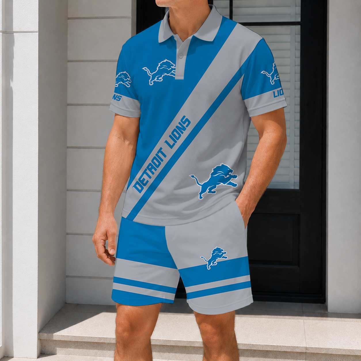 SPECIAL EDITION - NEW CUSTOMIZED NFL04 DTL DETROIT LIONS POLO SHIRT & SHORT PANTS SET