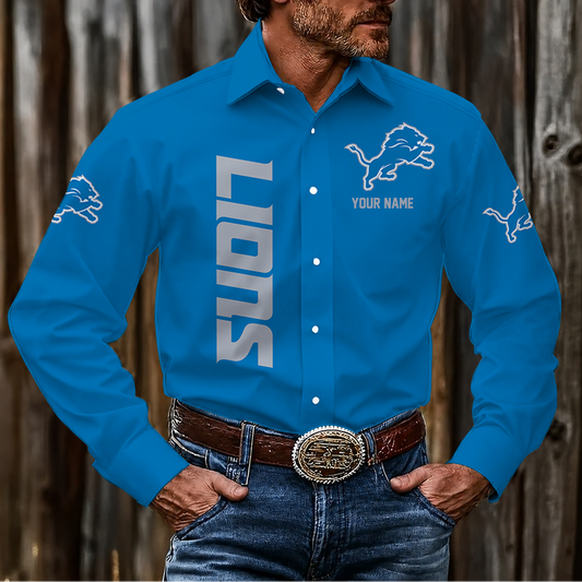 LIMITED EDITION - NEW CUSTOMIZED NFL04 DTL DETROIT LIONS MEN'S LONG SLEEVE BUTTON-UP SHIRT