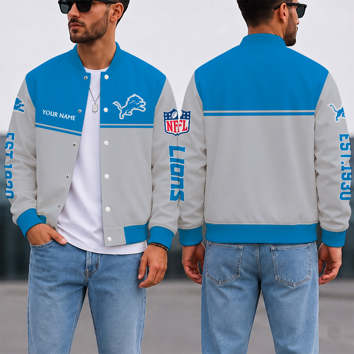 LIMITED EDITION - NEW CUSTOMIZED NFL04 DTL DETROIT LIONS SATIN VARSITY & BASEBALL JACKET