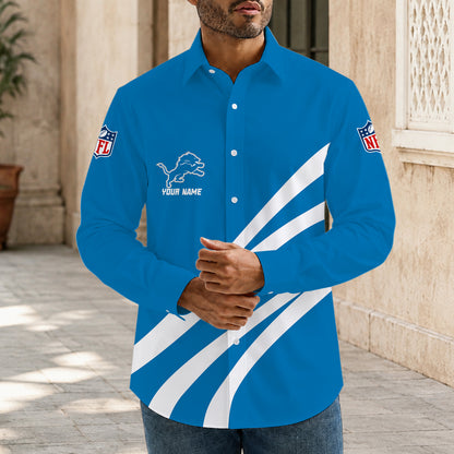 [SPECIAL OFFER] NEW CUSTOMIZED NFL04 DTL DETROIT LIONS MEN'S LONG SLEEVE BUTTON-UP SHIRT