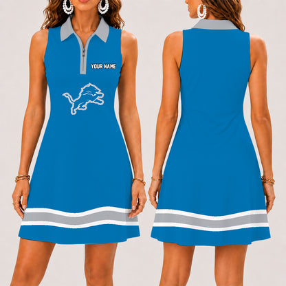 [SPECIAL OFFER] NEW CUSTOMIZED NFL04 DTL DETROIT LIONS WOMEN'S ZIP SLEEVELESS POLO DRESS