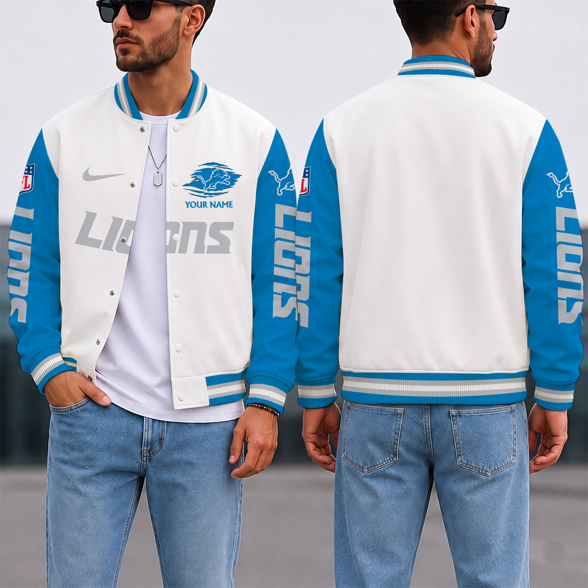 ELITE EDITION - NEW CUSTOMIZED NFL04 DTL DETROIT LIONS SATIN VARSITY & BASEBALL JACKET