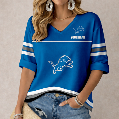 LIMITED EDITION - NEW CUSTOMIZED NFL04 DTL DETROIT LIONS WOMEN'S V-NECK MID-SLEEVE SHIRT
