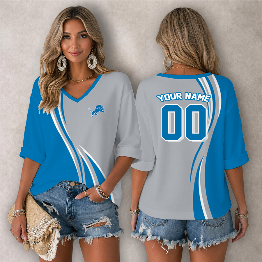 LIMITED EDITION - NEW CUSTOMIZED NFL04 DTL DETROIT LIONS WOMEN'S HEART V-NECK LONG SLEEVE SHIRT