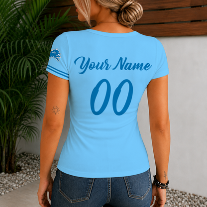 [SPECIAL OFFER] NEW CUSTOMIZED NFL04 DTL DETROIT LIONS WOMEN'S SHORT SLEEVE HENLEY T-SHIRT