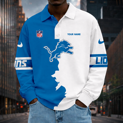 LIMITED EDITION - NEW CUSTOMIZED NFL04 DTL DT LIONS MEN LONG SLEEVE POLO