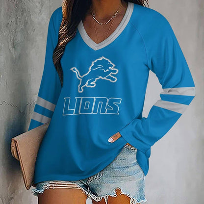 LIMITED EDITION - NEW CUSTOMIZED NFL04 DTL DETROIT LIONS WOMEN'S V-NECK LONG SLEEVED SHIRT