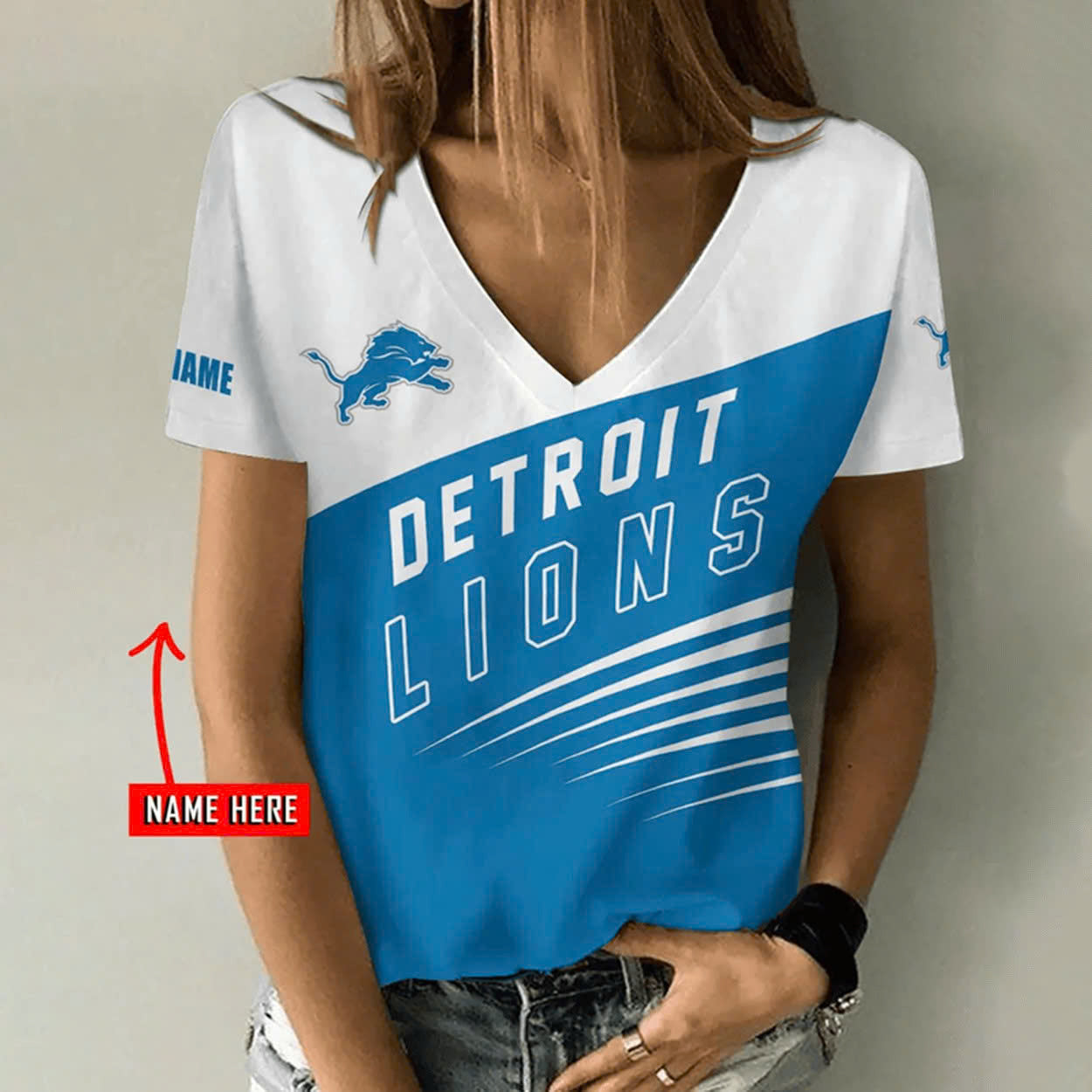 [SPECIAL OFFER] NEW CUSTOMIZED NFL04 DTL DETROIT LIONS V-NECK FEMALE SHIRT