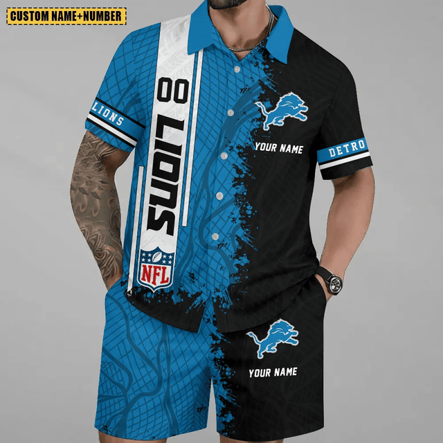 LIMITED RUN - NEW CUSTOMIZED NFL04 DTL DETROIT LIONS UNISEX HAWAIIAN SHIRT & SHORTS SET