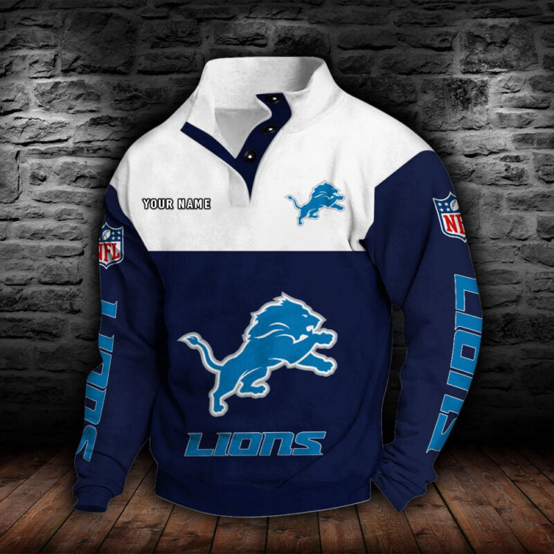 LIMITED EDITION - NEW CUSTOMIZED NFL04 DTL DETROIT LIONS QUARTER-BUTTON STAND-COLLAR SWEATSHIRT