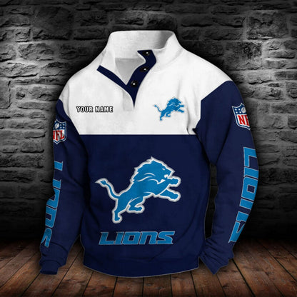LIMITED EDITION - NEW CUSTOMIZED NFL04 DTL DETROIT LIONS QUARTER-BUTTON STAND-COLLAR SWEATSHIRT