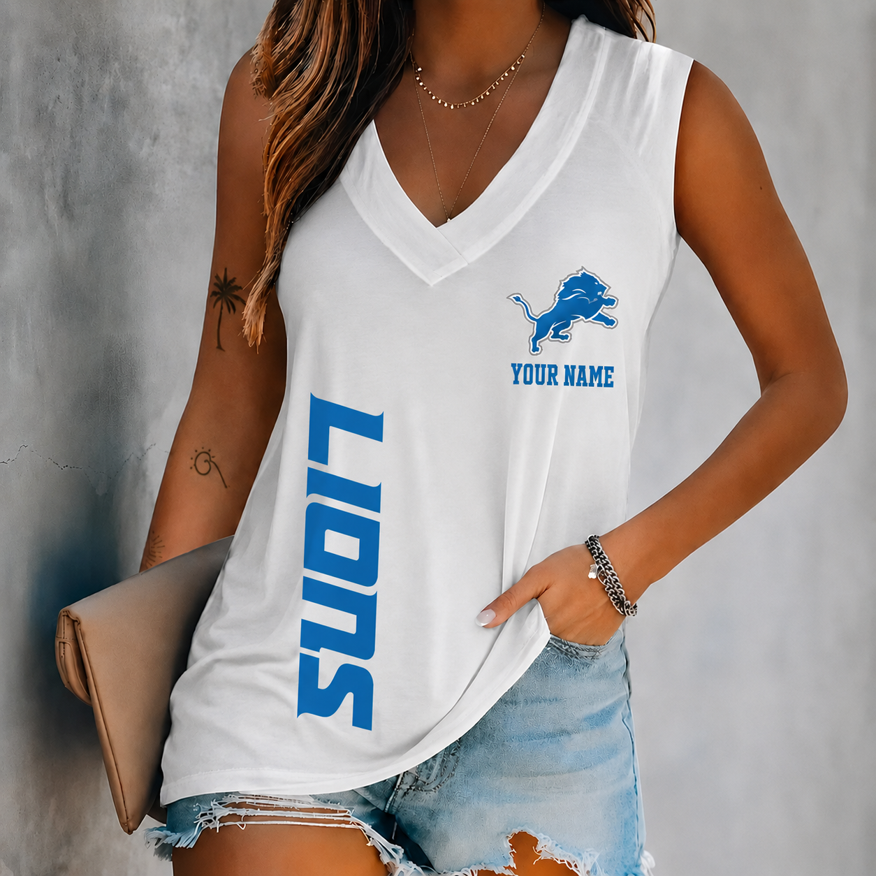 LIMITED EDITION - NEW CUSTOMIZED NFL04 DTL DETROIT LIONS WOMEN'S V-NECK TANK TOP