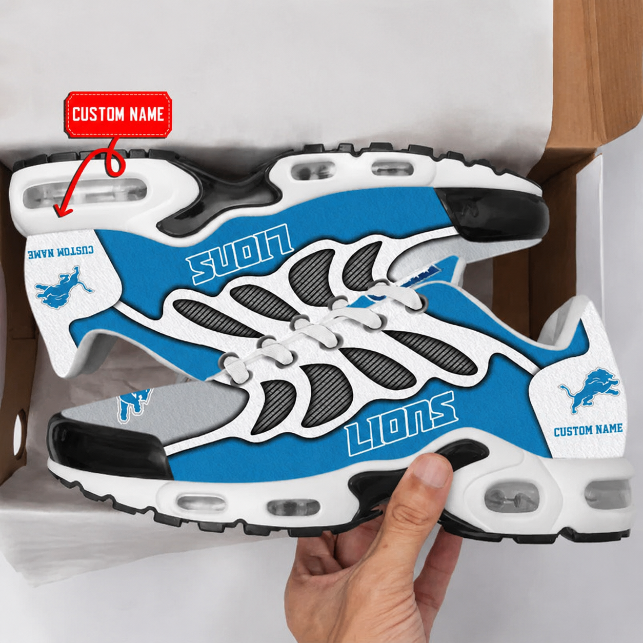 LIMITED EDITION - NEW CUSTOMIZED NFL04 DTL DETROIT LIONS AIR MAX PLUS SNEAKERS