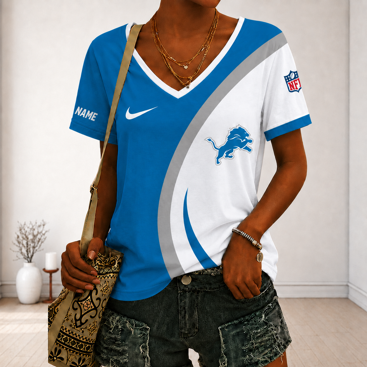 LIMITED EDITION - NEW CUSTOMIZED NFL04 DTL DETROIT LIONS V-NECK FEMALE SHIRT