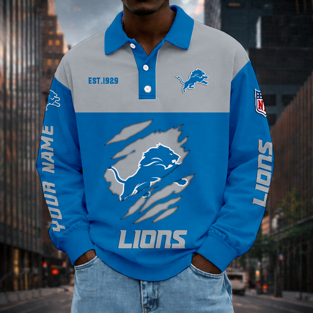 LIMITED EDITION - NEW CUSTOMIZED NFL04 DTL DETROIT LIONS MEN LONG SLEEVE POLO