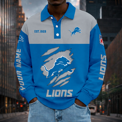 LIMITED EDITION - NEW CUSTOMIZED NFL04 DTL DETROIT LIONS MEN LONG SLEEVE POLO