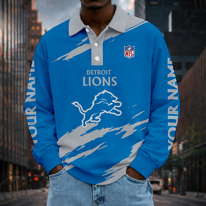 LIMITED EDITION - NEW CUSTOMIZED NFL04 DTL DETROIT LIONS MEN LONG SLEEVE POLO