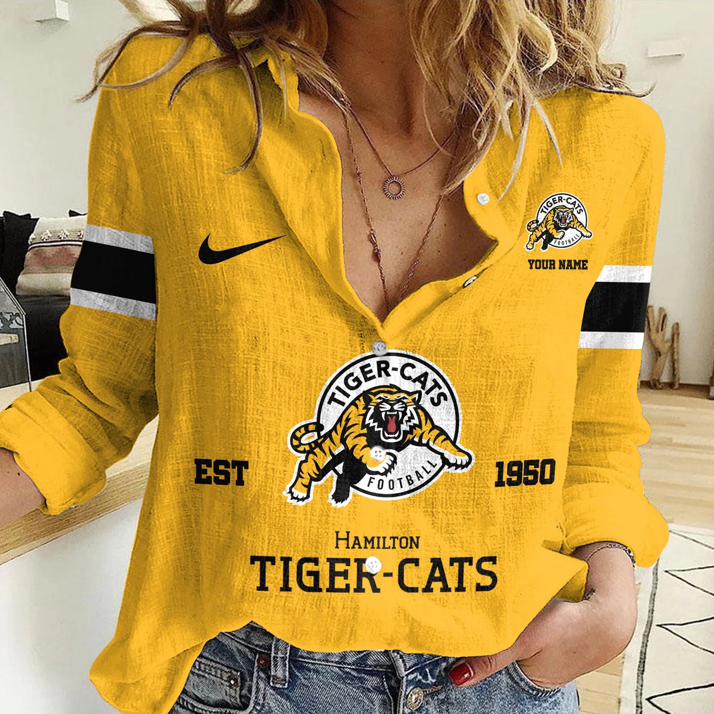 [FAN EXCLUSIVE] NEW CUSTOMIZED CFL04 HAM HAMILTON TIGER-CATS WOMEN CASUAL SHIRT