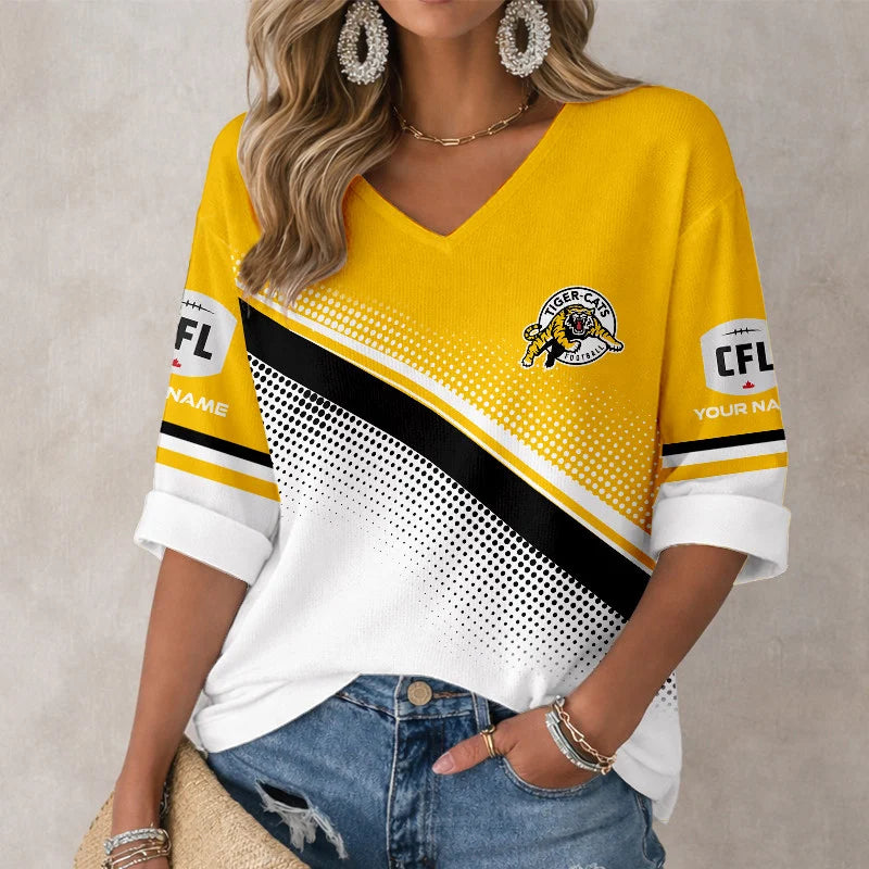 [FAN EXCLUSIVE] NEW CUSTOMIZED CFL04 HAM HAMILTON TIGER-CATS WOMEN'S HEART V-NECK LONG SLEEVE SHIRT