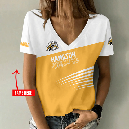 [FAN EXCLUSIVE] NEW CUSTOMIZED CFL04 HAM HAMILTON TIGER-CATS STRAPPY V-NECK FEMALE SHIRT