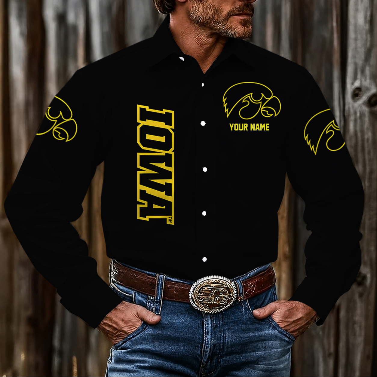 EXCLUSIVE EDITION - NEW CUSTOMIZED NCAA CFH04 IWH IOWA HAWKEYES MEN'S LONG SLEEVE BUTTON-UP SHIRT