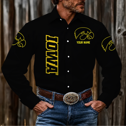 EXCLUSIVE EDITION - NEW CUSTOMIZED NCAA CFH04 IWH IOWA HAWKEYES MEN'S LONG SLEEVE BUTTON-UP SHIRT