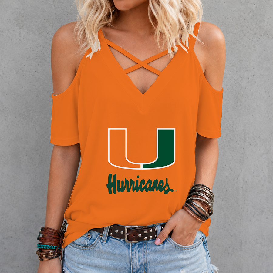 [FAN FAVORITE] NEW CUSTOMIZED NCAA CWS04 MIH MIAMI HURRICANES CRISS CROSS V-NECK TOP