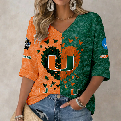 LIMITED EDITION - NEW CUSTOMIZED NCAA CWS04 MIH MIAMI HURRICANES WOMEN'S HEART V-NECK LONG SLEEVE SHIRT