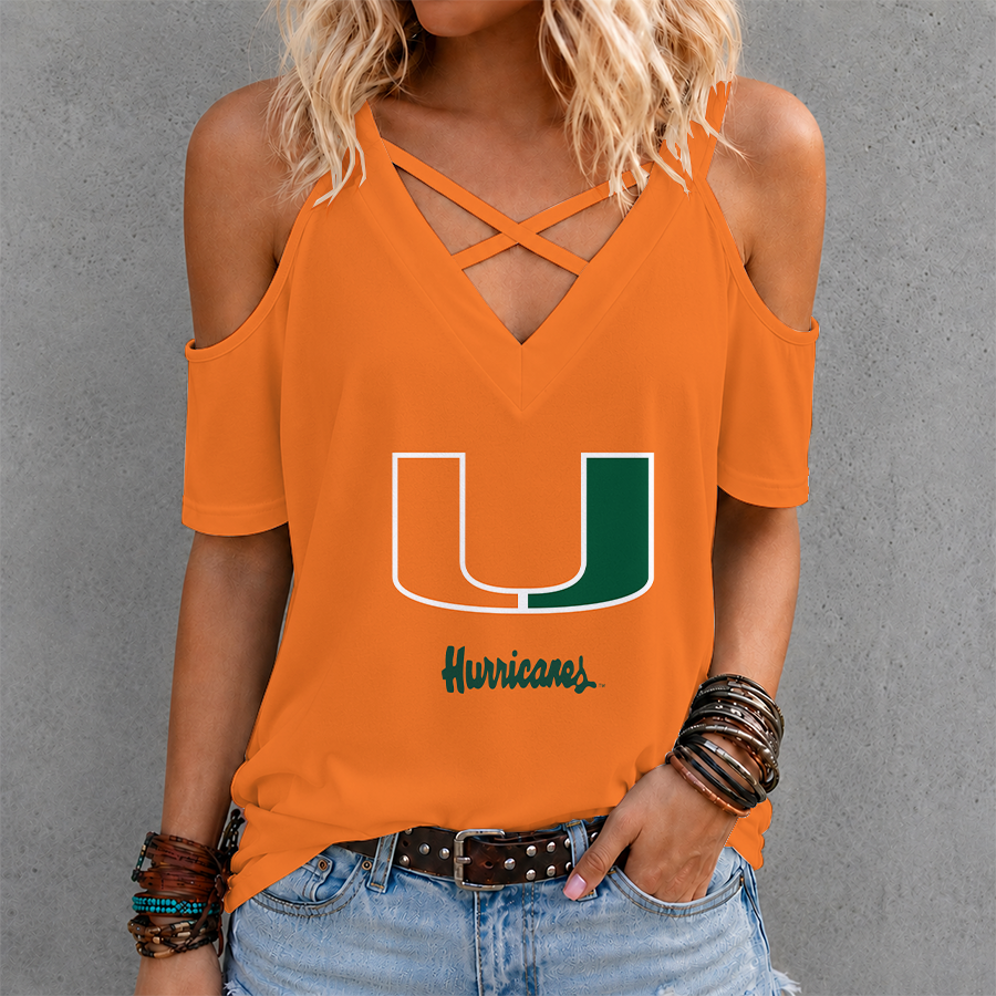 [FAN FAVORITE] NEW CUSTOMIZED NCAA CWS04 MIH MIAMI HURRICANES CRISS CROSS V-NECK TOP