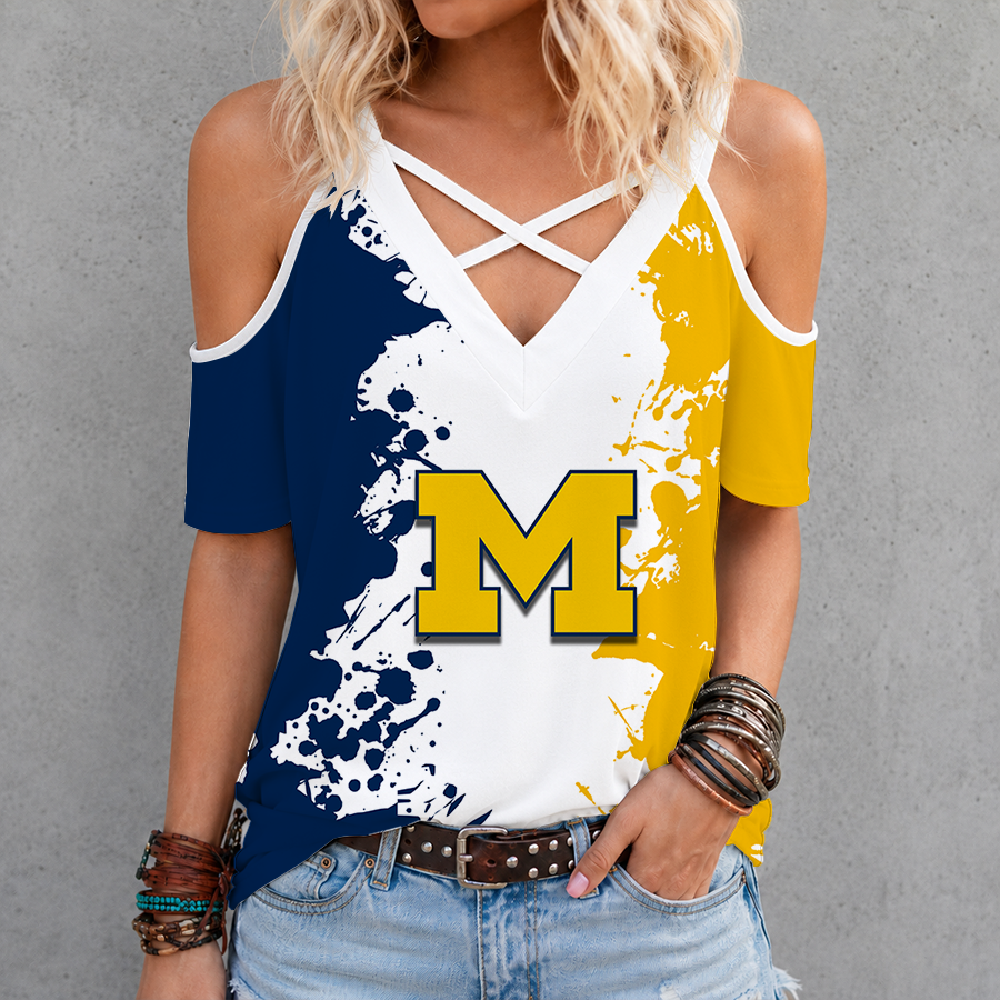 [FAN FAVORITE] NEW CUSTOMIZED NCAA MFF04 MIW MICHIGAN WOLVERINES CRISS CROSS V-NECK TOP