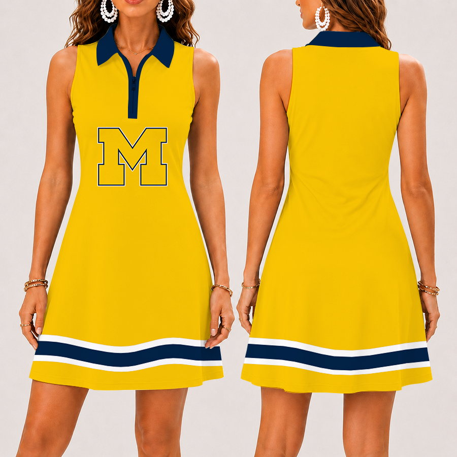 [FAN FAVORITE] NEW CUSTOMIZED NCAA MFF04 MIW MICHIGAN WOLVERINES WOMEN'S ZIP SLEEVELESS POLO DRESS
