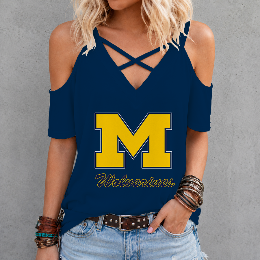 [FAN FAVORITE] NEW CUSTOMIZED NCAA MFF04 MIW MICHIGAN WOLVERINES CRISS CROSS V-NECK TOP