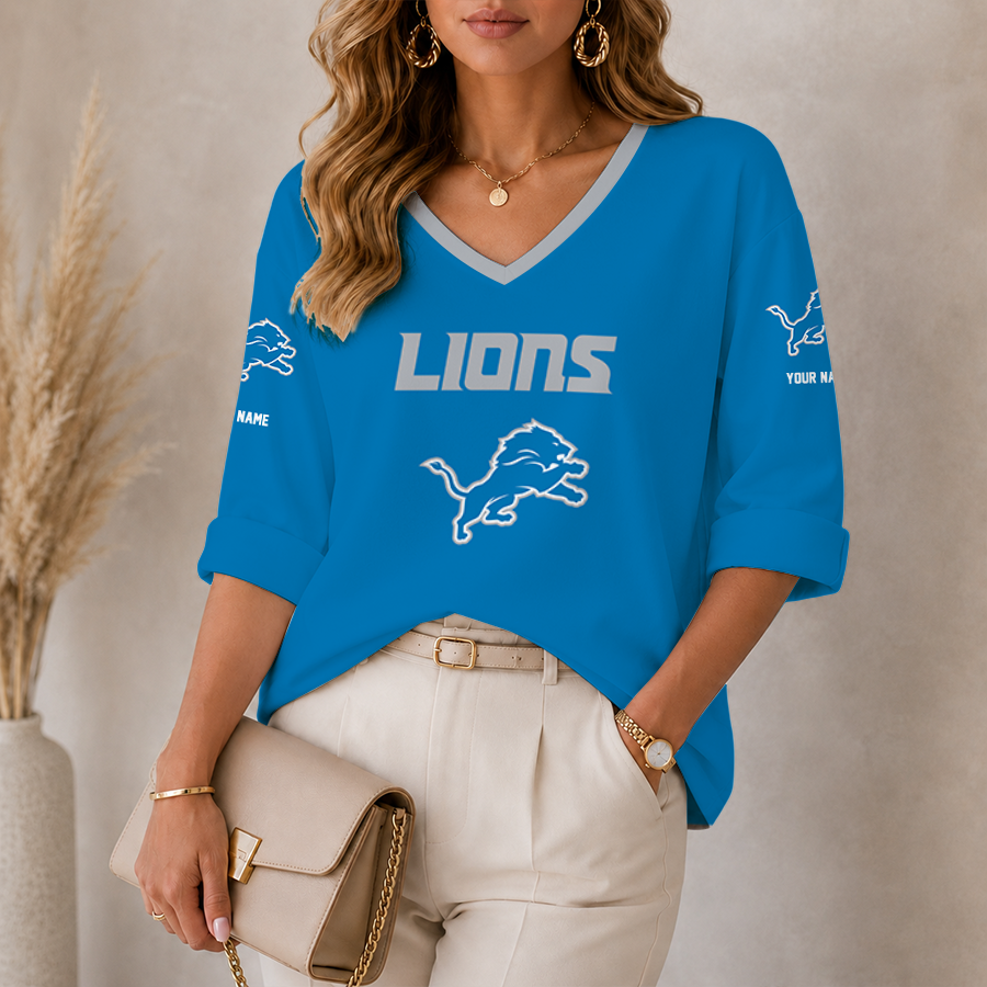 [SPECIAL OFFER] NEW CUSTOMIZED NFL04 DTL DETROIT LIONS WOMEN'S HEART V-NECK LONG SLEEVE SHIRT
