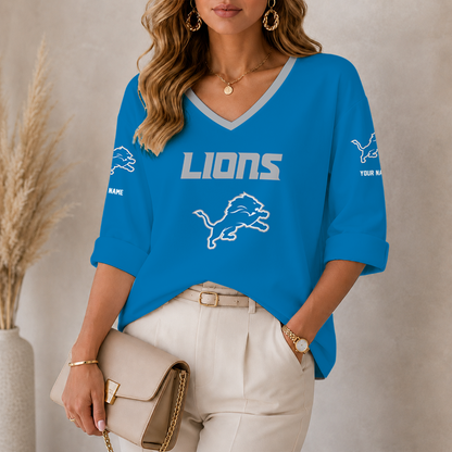[SPECIAL OFFER] NEW CUSTOMIZED NFL04 DTL DETROIT LIONS WOMEN'S HEART V-NECK LONG SLEEVE SHIRT